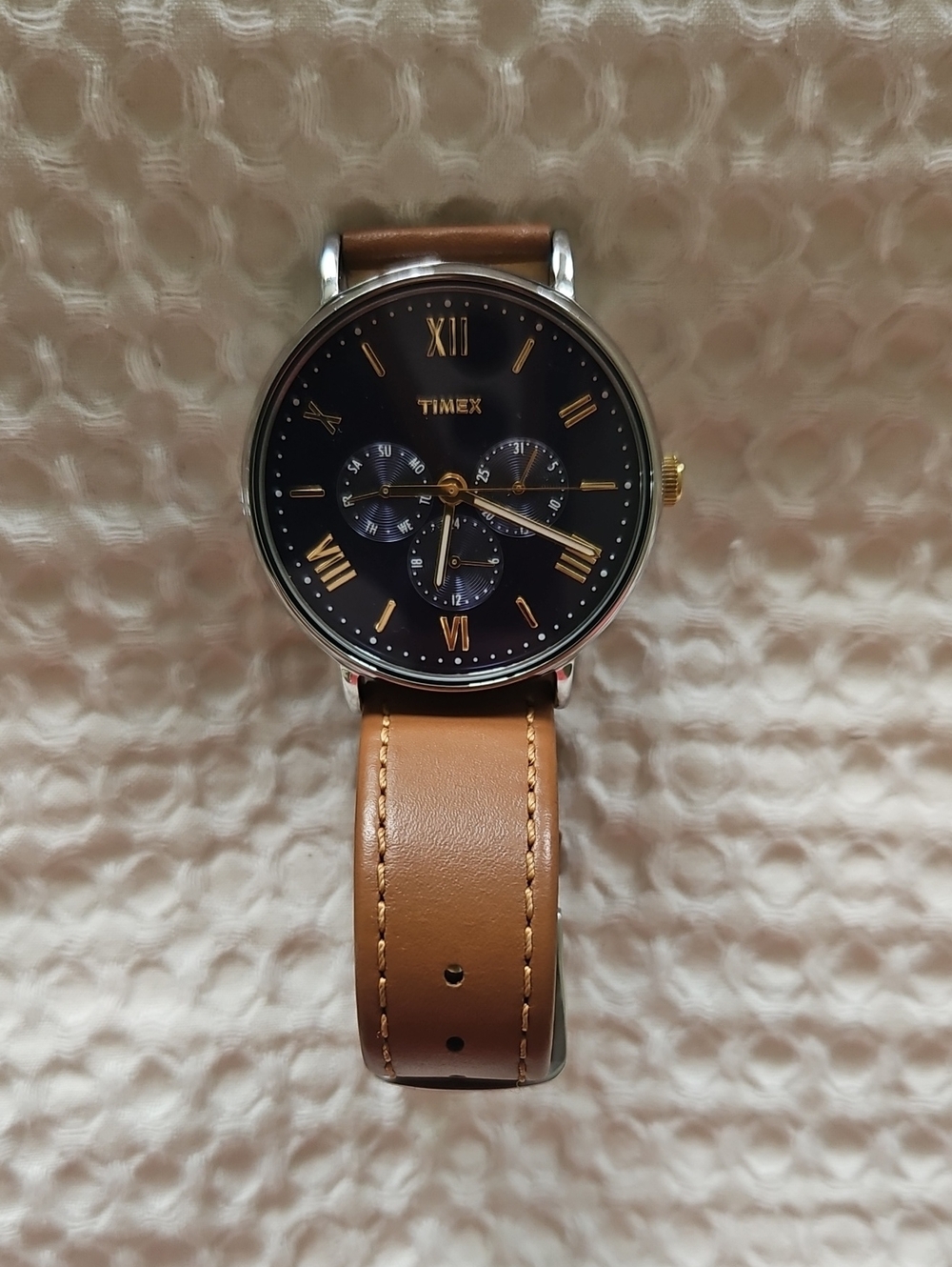 Timex Brown Leather Strap Watch with Black Dial and Gold Accents
